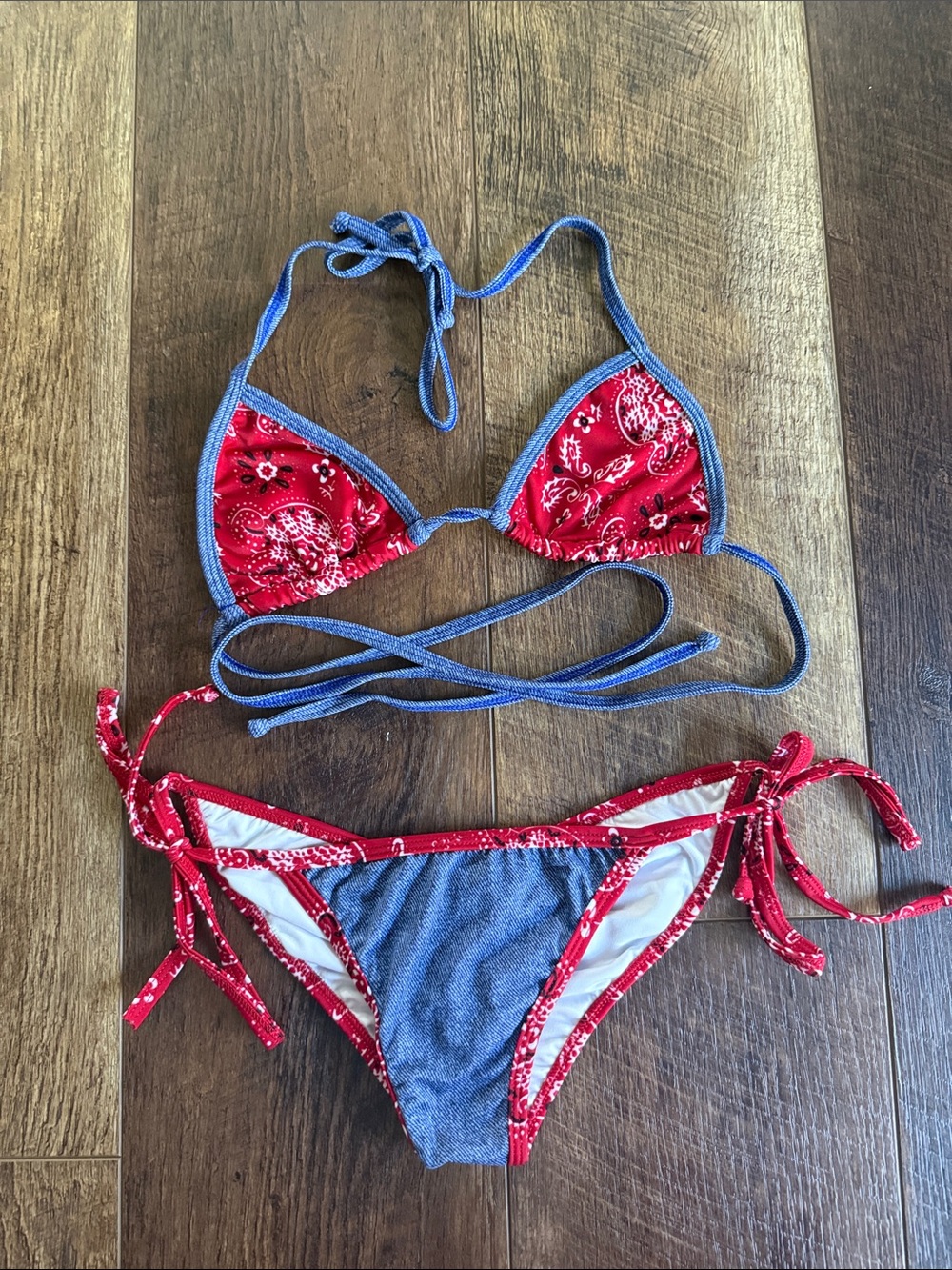 Red Bandana & Blue Denim Tie-Back Bikini Set
